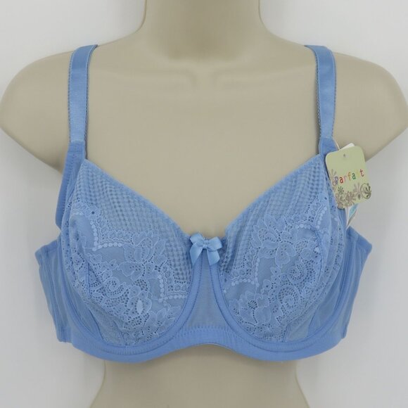 Parfait 38D Blue Floral Flower Lace Underwire Bra Bow Unlined Wide Strap NEW - Picture 13 of 14